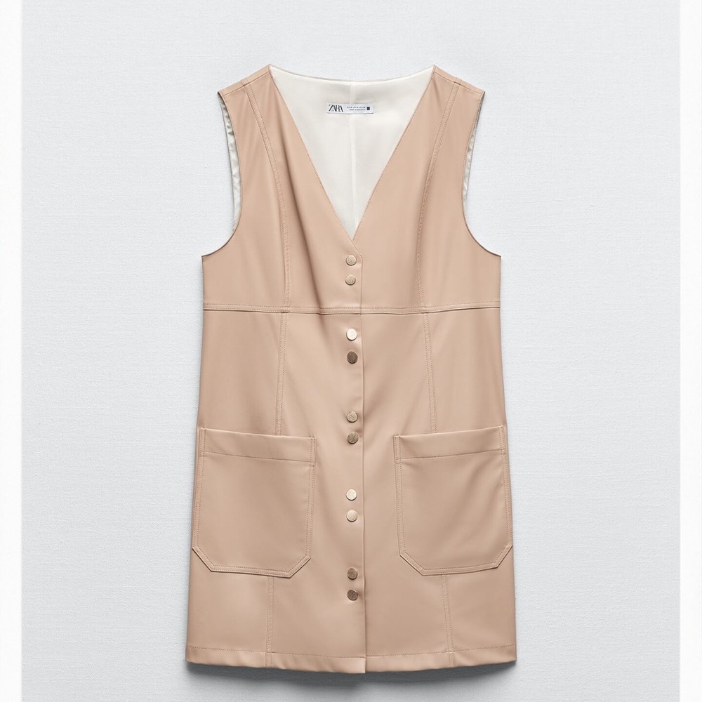 ZARA Faux leather, mini pinafore dress in beige size medium